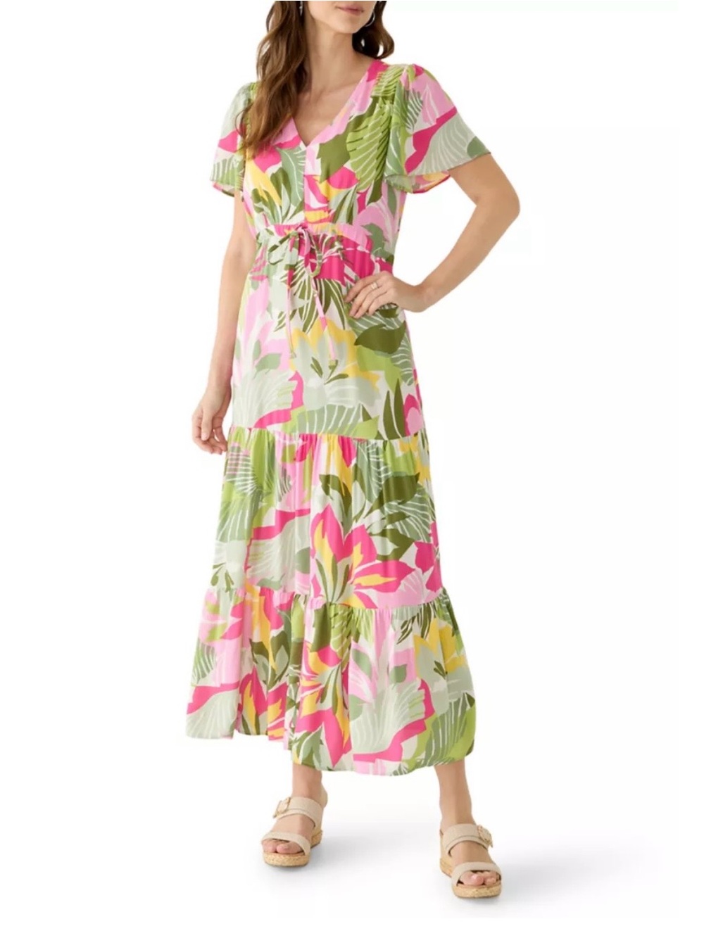 Vince Camuto Tropical Floral V-Neck Maxi Dress in Pink & Green